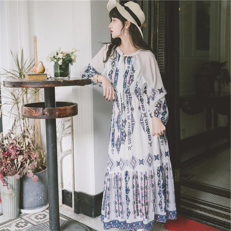 Early Autumn Printed Long Dress Slim-Fit Holiday Beach Dress Bohemia Retro Vintage Cottagecore Aesthetic Flowy Victoria cottage core boho Dress