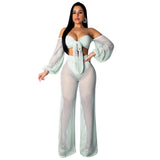 See through Pants Suit Women's Summer Hollow out Wide Leg Pants Beachwear