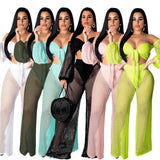 See through Pants Suit Women's Summer Hollow out Wide Leg Pants Beachwear