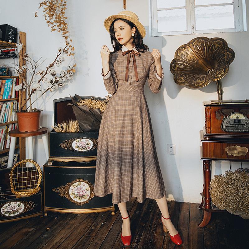 Autumn and Winter A- line Dress Plaid Dress Brown Retro Vintage Cottagecore Aesthetic Flowy Victoria Cottage Core Dress
