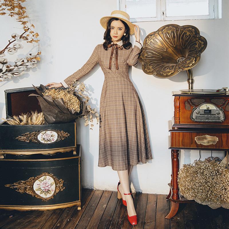 Autumn and Winter A- line Dress Plaid Dress Brown Retro Vintage Cottagecore Aesthetic Flowy Victoria Cottage Core Dress