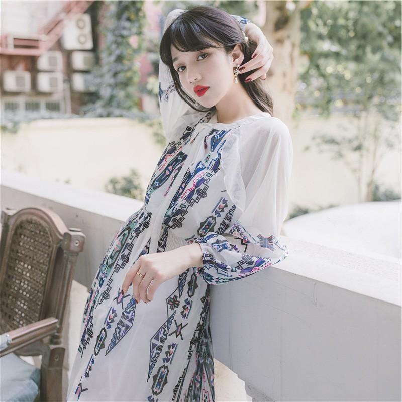 Early Autumn Printed Long Dress Slim-Fit Holiday Beach Dress Bohemia Retro Vintage Cottagecore Aesthetic Flowy Victoria cottage core boho Dress