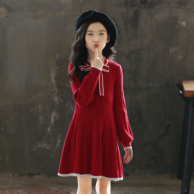 Girls' Dress Long Sleeve Children's Knitted Red Skirt Children Dress