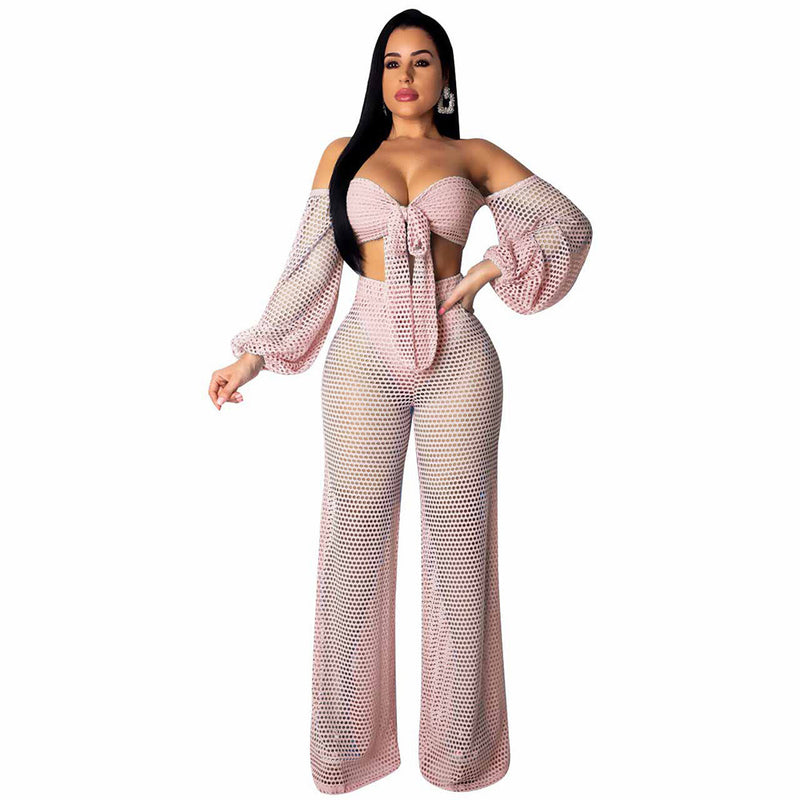 See through Pants Suit Women's Summer Hollow out Wide Leg Pants Beachwear