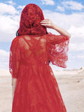 Lace Embroidered Dress  Red Bohemia Retro Vintage Cottagecore Aesthetic Flowy Victoria Cottage Core Boho Dress