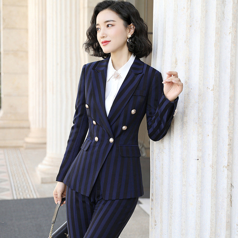 Women Autumn Uniform Designs Formal Style Office Lady Bussiness Attire Work Suit Striped British Style Two-Piece Set
