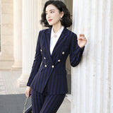 Women Autumn Uniform Designs Formal Style Office Lady Bussiness Attire Work Suit Striped British Style Two-Piece Set