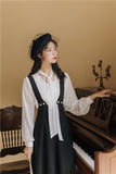 Early Autumn Outfit White Bow Top Black Suspender Dress Fashion Dress  Cottagecore Academia Fashion Dresses