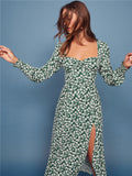 Milkmaid Dress V-Neck Vintage Long Sleeve Floral Long Dresses