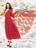 Lace Embroidered Dress  Red Bohemia Retro Vintage Cottagecore Aesthetic Flowy Victoria Cottage Core Boho Dress