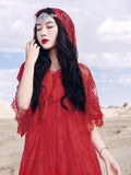 Lace Embroidered Dress  Red Bohemia Retro Vintage Cottagecore Aesthetic Flowy Victoria Cottage Core Boho Dress