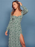 Milkmaid Dress V-Neck Vintage Long Sleeve Floral Long Dresses