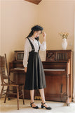 Early Autumn Outfit White Bow Top Black Suspender Dress Fashion Dress  Cottagecore Academia Fashion Dresses