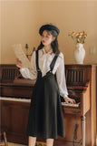 Early Autumn Outfit White Bow Top Black Suspender Dress Fashion Dress  Cottagecore Academia Fashion Dresses