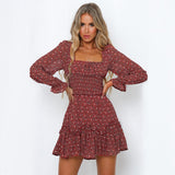 Milkmaid Dresses Square Collar Long Sleeve Floral Skirt Tight Waist A- line Ruffled Dress