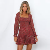 Milkmaid Dresses Square Collar Long Sleeve Floral Skirt Tight Waist A- line Ruffled Dress
