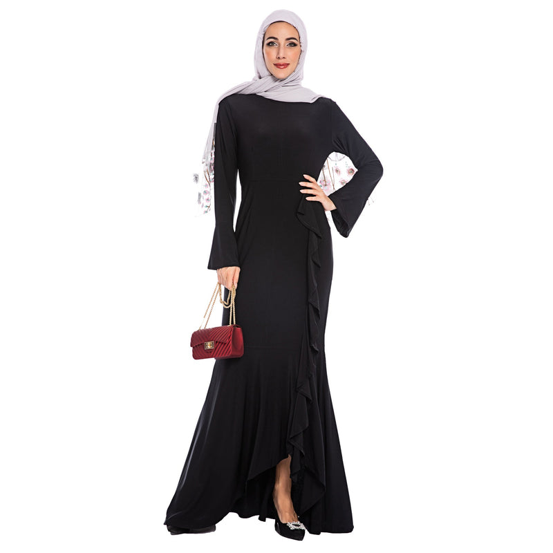 Muslim Women Stylish Kashibo Abaya Muslim Ladies Long Gown Islamic Clothing Jilbab Jalabiya Pure Color Ruffles Fishtail Sheath Long Dress