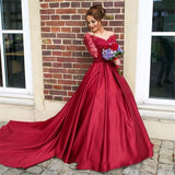 Burgundy Dresses for Wedding Lace Long Sleeve Dress V-Neck Wedding Party Dress
