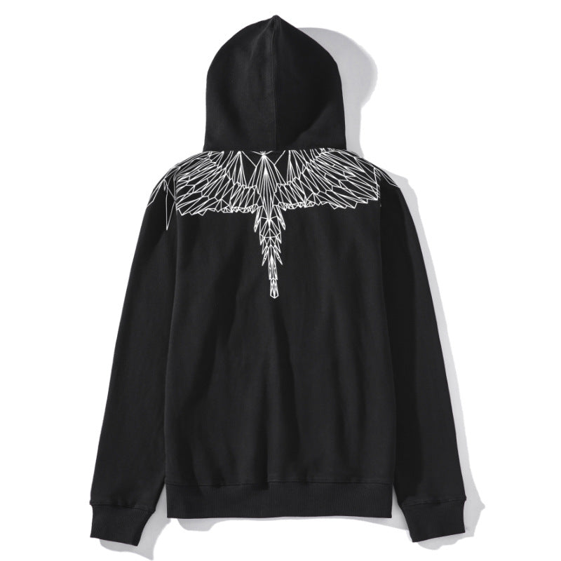 Marcelo Burlon Hoodie MB Black Gray Wings Pattern plus Size Velvet Padded Loose Same Style for Men and Women
