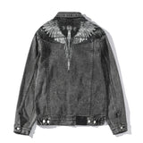 Marcelo Burlon Hoodie Black Gold Feather Wings Pattern Denim Jacket for Men and Women