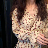 Emery Rose Dresses Long Sleeve Printed Slim Slimming V-Neckline Butterfly Sleeve High Waist Lacing Mid-Length Dress