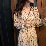 Emery Rose Dresses Long Sleeve Printed Slim Slimming V-Neckline Butterfly Sleeve High Waist Lacing Mid-Length Dress