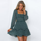 Milkmaid Dresses Square Collar Long Sleeve Floral Skirt Tight Waist A- line Ruffled Dress