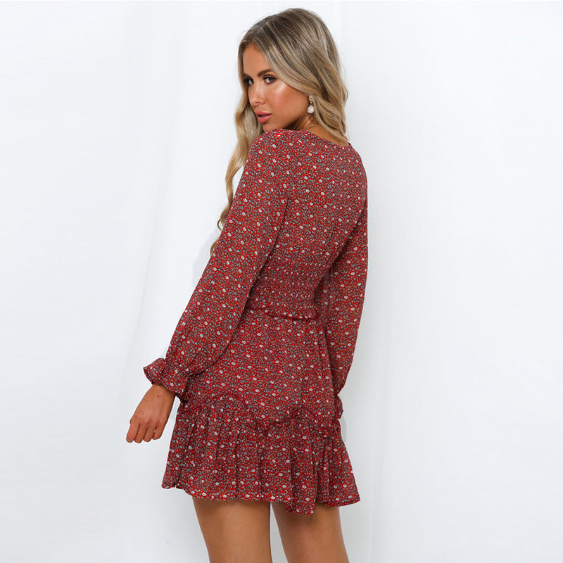 Milkmaid Dresses Square Collar Long Sleeve Floral Skirt Tight Waist A- line Ruffled Dress