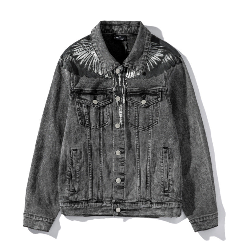 Marcelo Burlon Hoodie Black Gold Feather Wings Pattern Denim Jacket for Men and Women