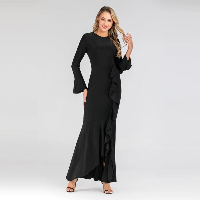 Muslim Women Stylish Kashibo Abaya Muslim Ladies Long Gown Islamic Clothing Jilbab Jalabiya Pure Color Ruffles Fishtail Sheath Long Dress
