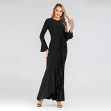 Muslim Women Stylish Kashibo Abaya Muslim Ladies Long Gown Islamic Clothing Jilbab Jalabiya Pure Color Ruffles Fishtail Sheath Long Dress