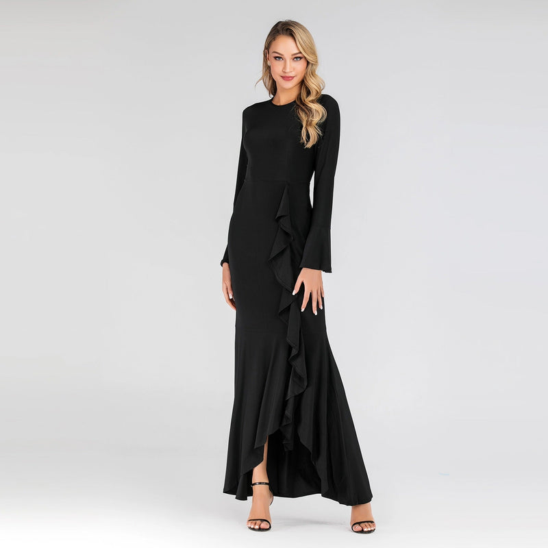 Muslim Women Stylish Kashibo Abaya Muslim Ladies Long Gown Islamic Clothing Jilbab Jalabiya Pure Color Ruffles Fishtail Sheath Long Dress