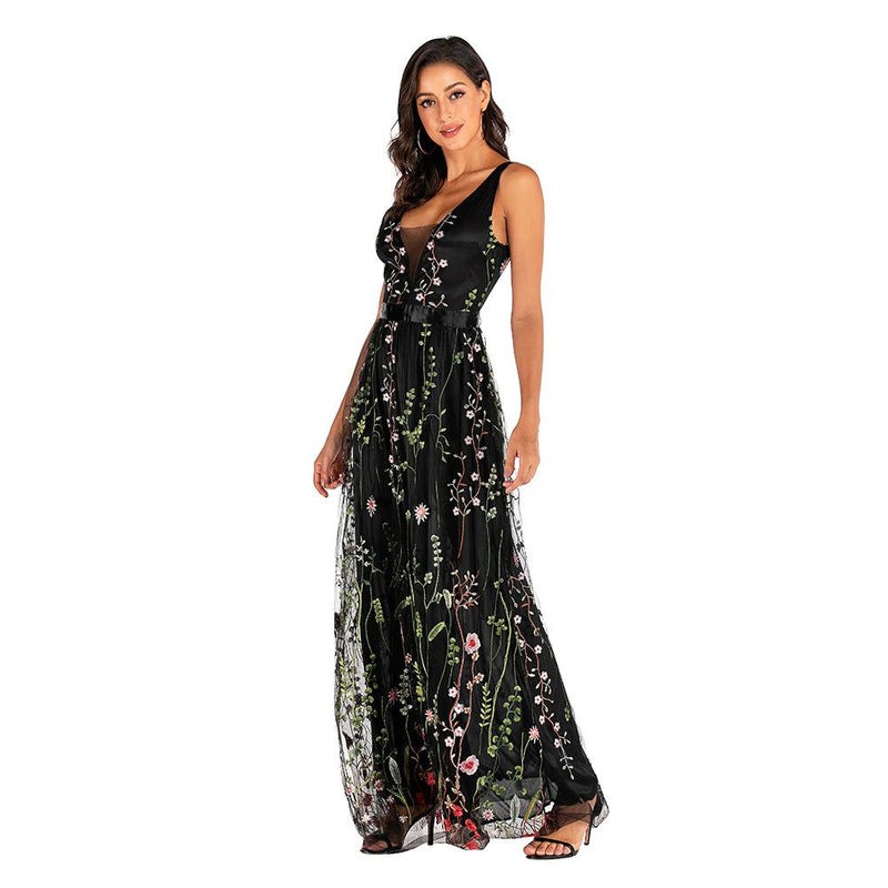 Embroidered V-neck Large Swing Floral Tulle Cottagecore Aesthetic Dresses