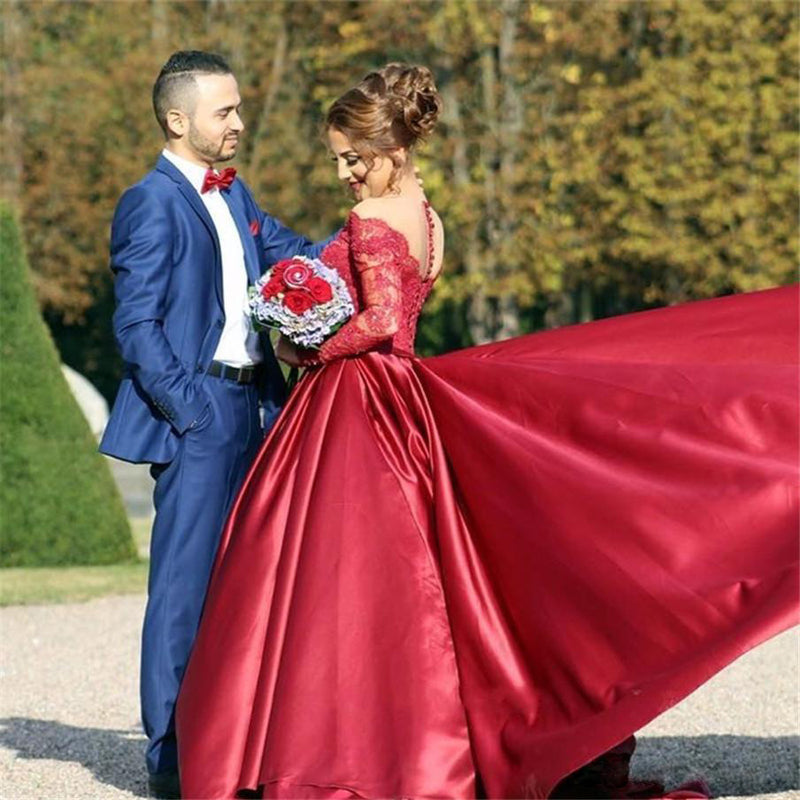 Burgundy Dresses for Wedding Lace Long Sleeve Dress V-Neck Wedding Party Dress