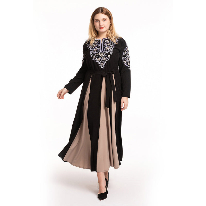 Muslim Women Stylish Kashibo Abaya Muslim Ladies Long Gown Islamic Clothing Jilbab Jalabiya Fashion Embroidered Crew Neck Long Sleeve Stitching Big Swing Dress