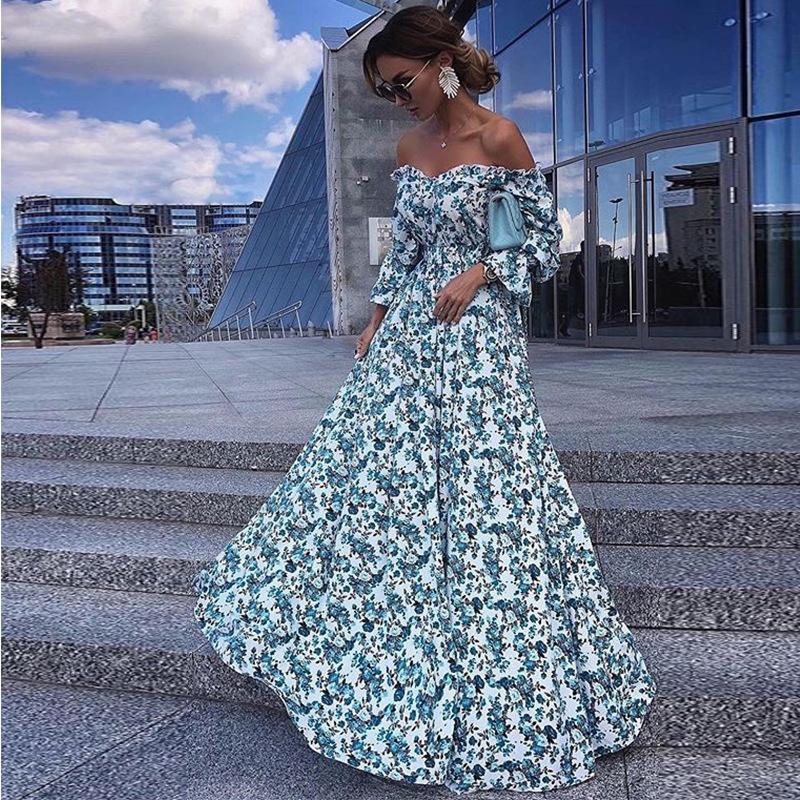 Women's Sexy off-the-Shoulder Dress Flower Print Cottagecore Aesthetic Dress