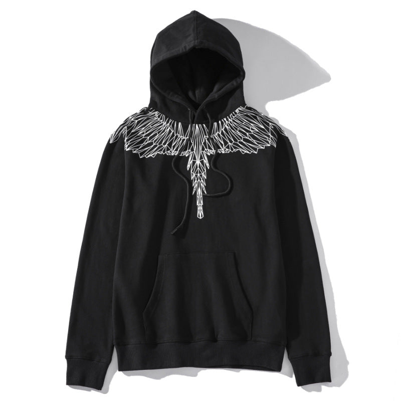 Marcelo Burlon Hoodie MB Black Gray Wings Pattern plus Size Velvet Padded Loose Same Style for Men and Women