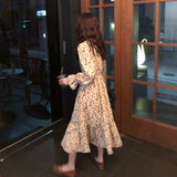 Emery Rose Dresses Long Sleeve Printed Slim Slimming V-Neckline Butterfly Sleeve High Waist Lacing Mid-Length Dress