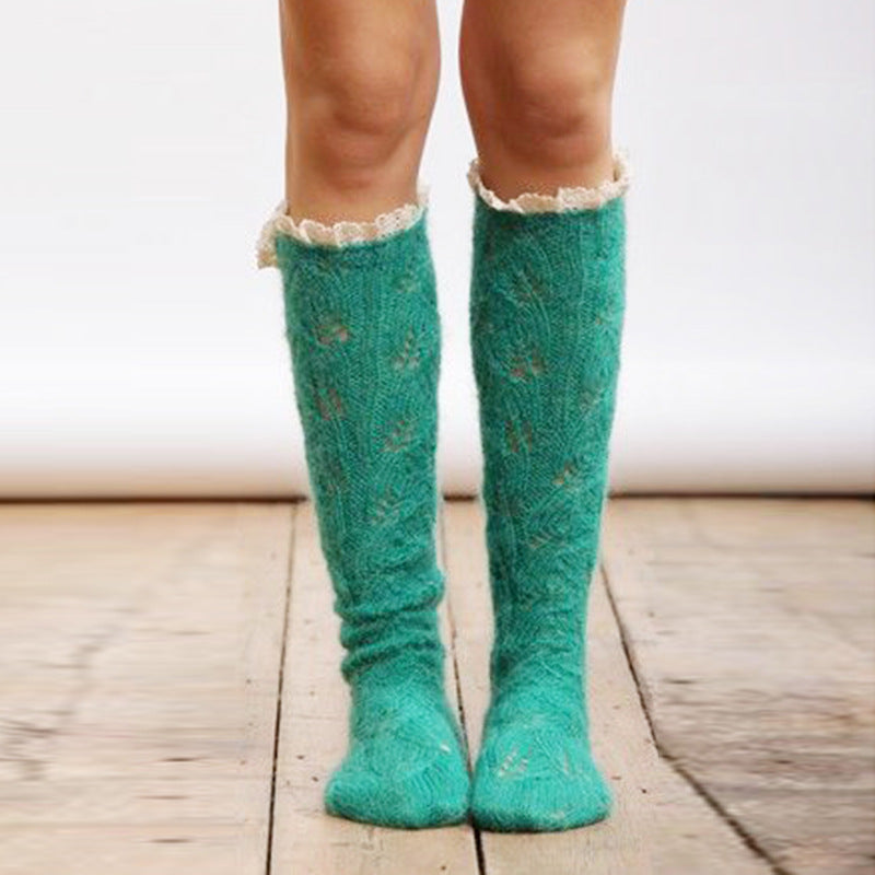 Winter Chunky Cable Thick Knit Thigh High Socks Long Stockings Boot Solid Color Lace Trim Mid-Calf Length Loose Socks