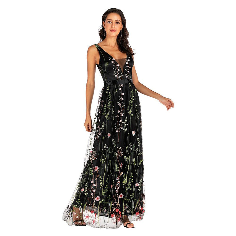 Embroidered V-neck Large Swing Floral Tulle Cottagecore Aesthetic Dresses