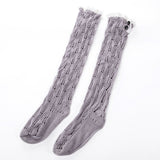 Winter Chunky Cable Thick Knit Thigh High Socks Long Stockings Boot Solid Color Lace Trim Mid-Calf Length Loose Socks