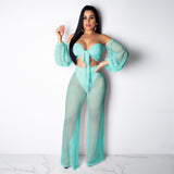 See through Pants Suit Women's Summer Hollow out Wide Leg Pants Beachwear
