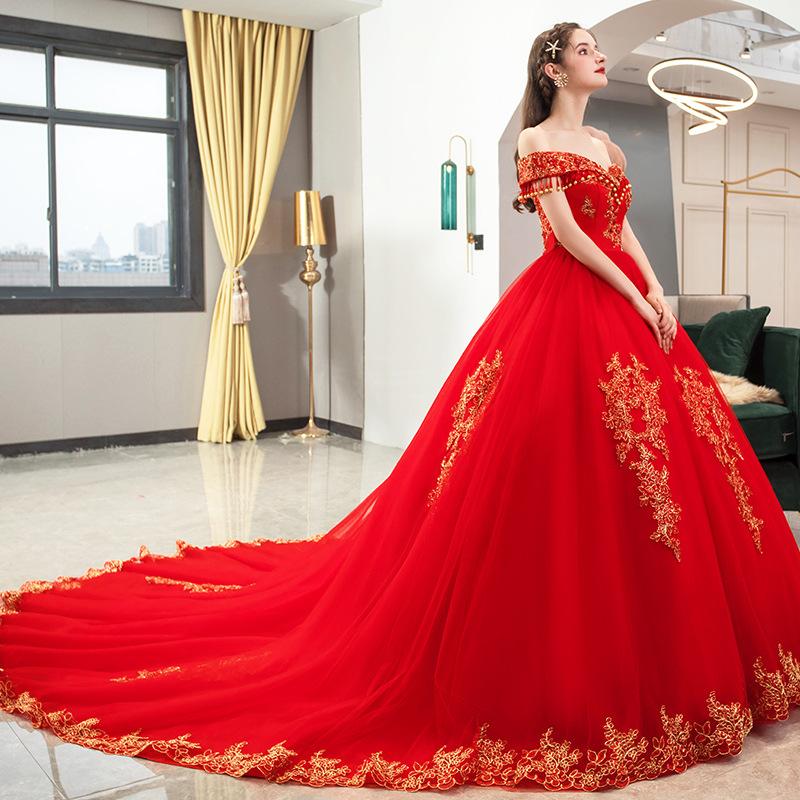 Women's Evening Dress Ball Gown Princess Quinceanera Plus Size Slimming Off-Shoulder Trailing Red Tulle Tutu
