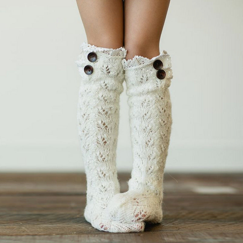 Winter Chunky Cable Thick Knit Thigh High Socks Long Stockings Boot Solid Color Lace Trim Mid-Calf Length Loose Socks