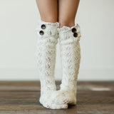 Winter Chunky Cable Thick Knit Thigh High Socks Long Stockings Boot Solid Color Lace Trim Mid-Calf Length Loose Socks