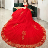 Women's Evening Dress Ball Gown Princess Quinceanera Plus Size Slimming Off-Shoulder Trailing Red Tulle Tutu