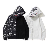 Shark Print Hoodie Camouflage Stitching Sweatshirt Luminous Hooded Zipper Fleece Jacket