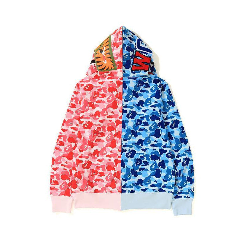 Shark Print Hoodie Autumn And Winter Camouflage Blue Stitching Green Pink Printing Cardigan Zipper Hoodie Sweater