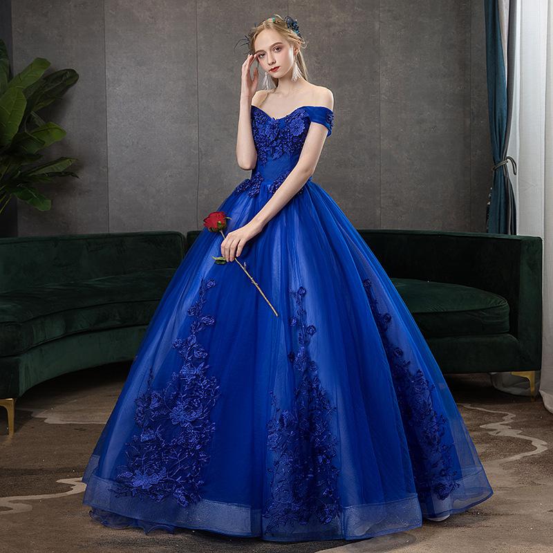 Women's Evening Dress Ball Gown Princess Quinceanera Wedding Dresses Royal Blue Off-Shoulder Wedding Dress Performance Tulle Tutu Dress Women
