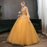 Women's Evening Dress Ball Gown Princess Quinceanera Wedding Dresses Deep V-neck Golden Yellow Evening